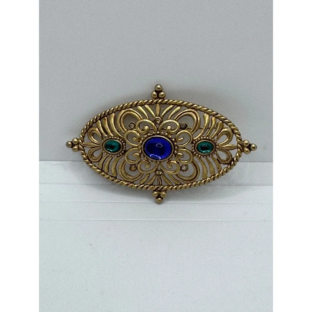 Vintage JJ Jonette Jewelry Gold Tone Filigree Blue Green Cabochon Brooch Pin